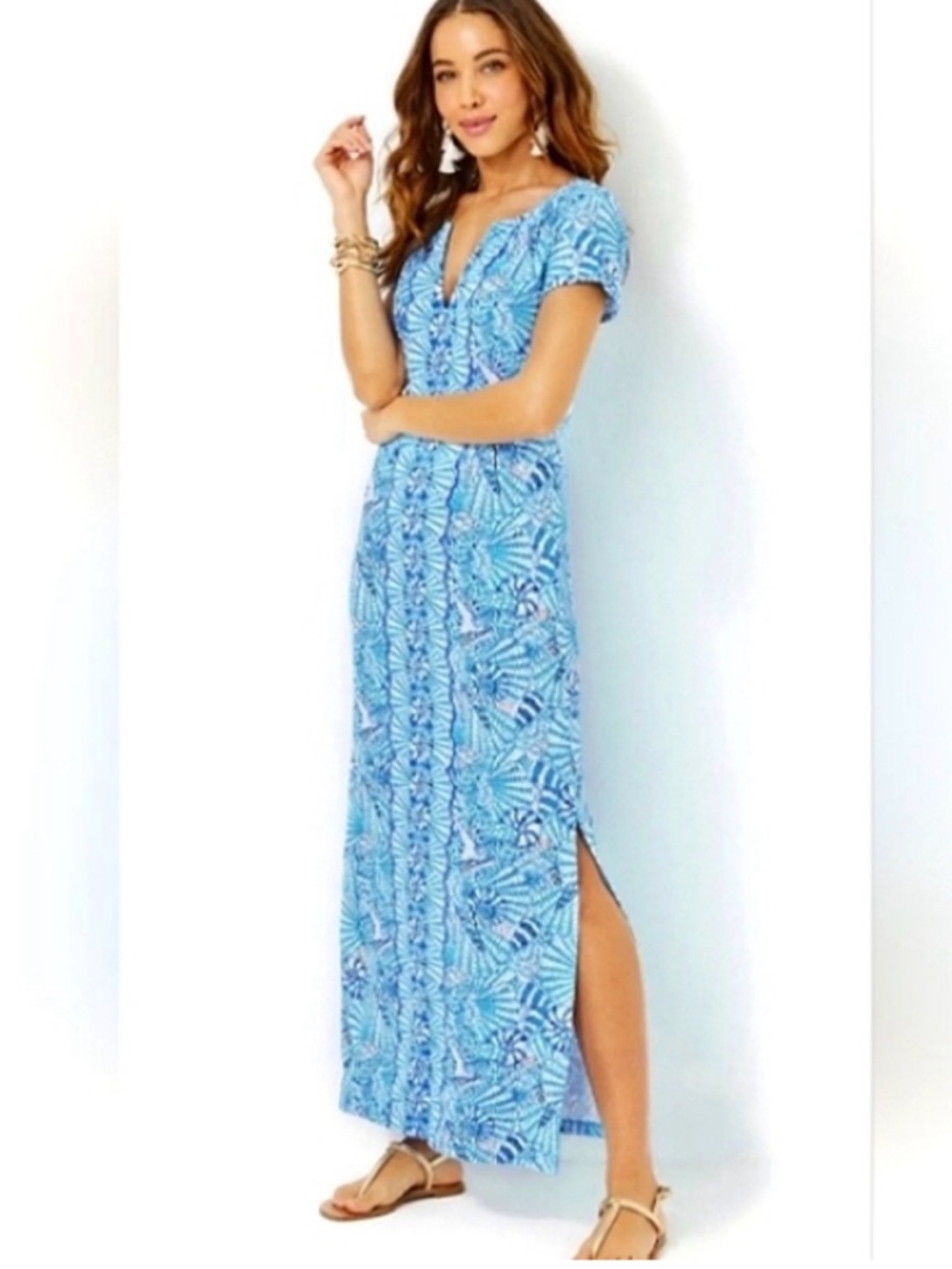 Lilly Pulitzer Sophiletta Amalfi Blue Seashell Short Sleeve Maxi Dress